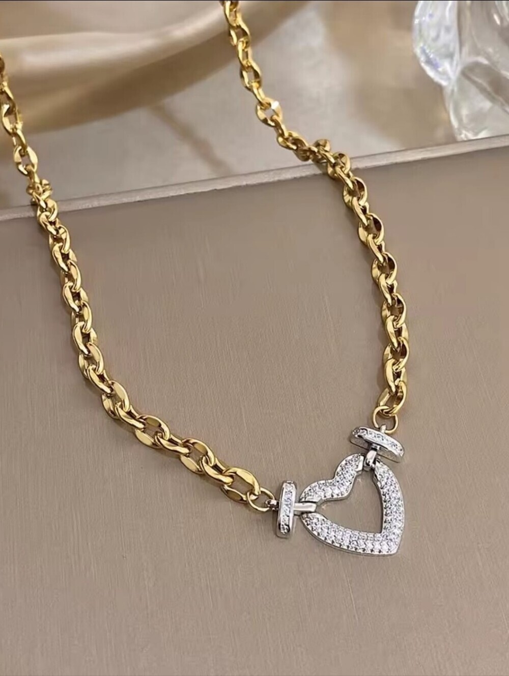 Gold-Tone Chain Necklace with Crystal Heart Pendant - Picture 6 of 6
